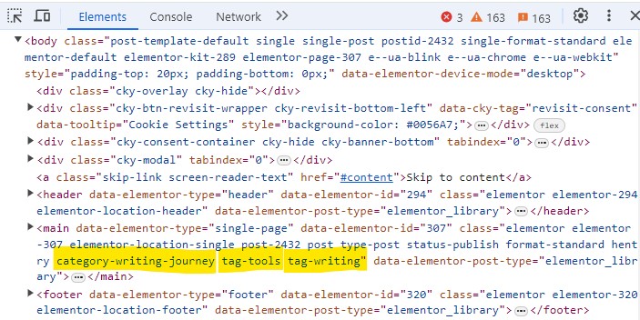צילום מסך כלי המפתחים - קלאסים של קטגוריות ותגיות