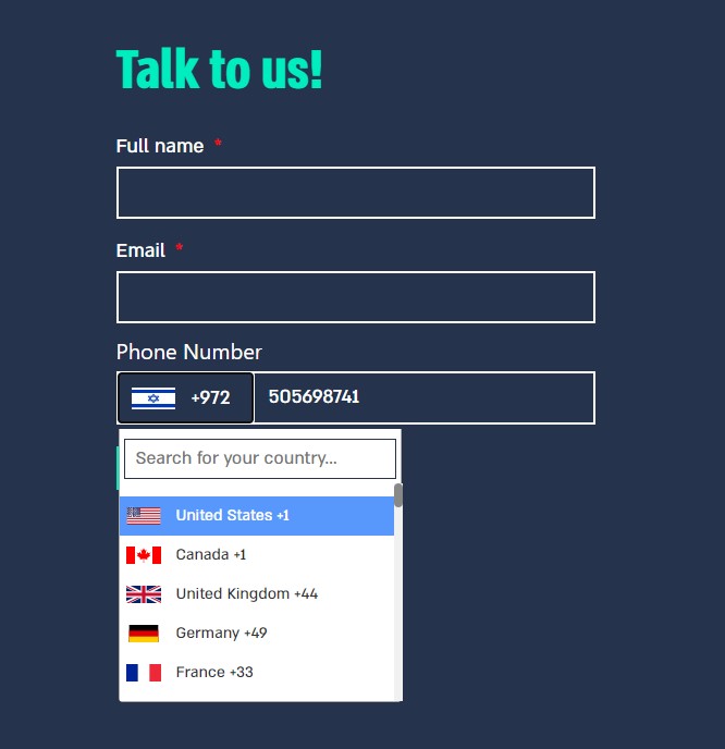 צילום מסך - טופס עם שדה קידומת מדינה - שדה בחירה פתוח