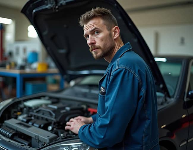 איש ליד רכב עם מכסה מנוע פתוח